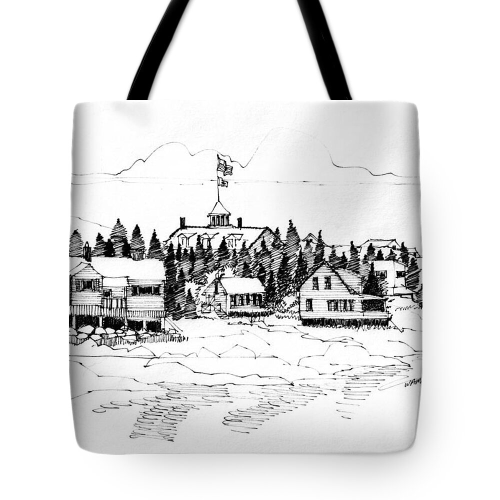 Monhegan Island Tote Bag featuring the drawing Monhegan Village 1987 by Richard Wambach