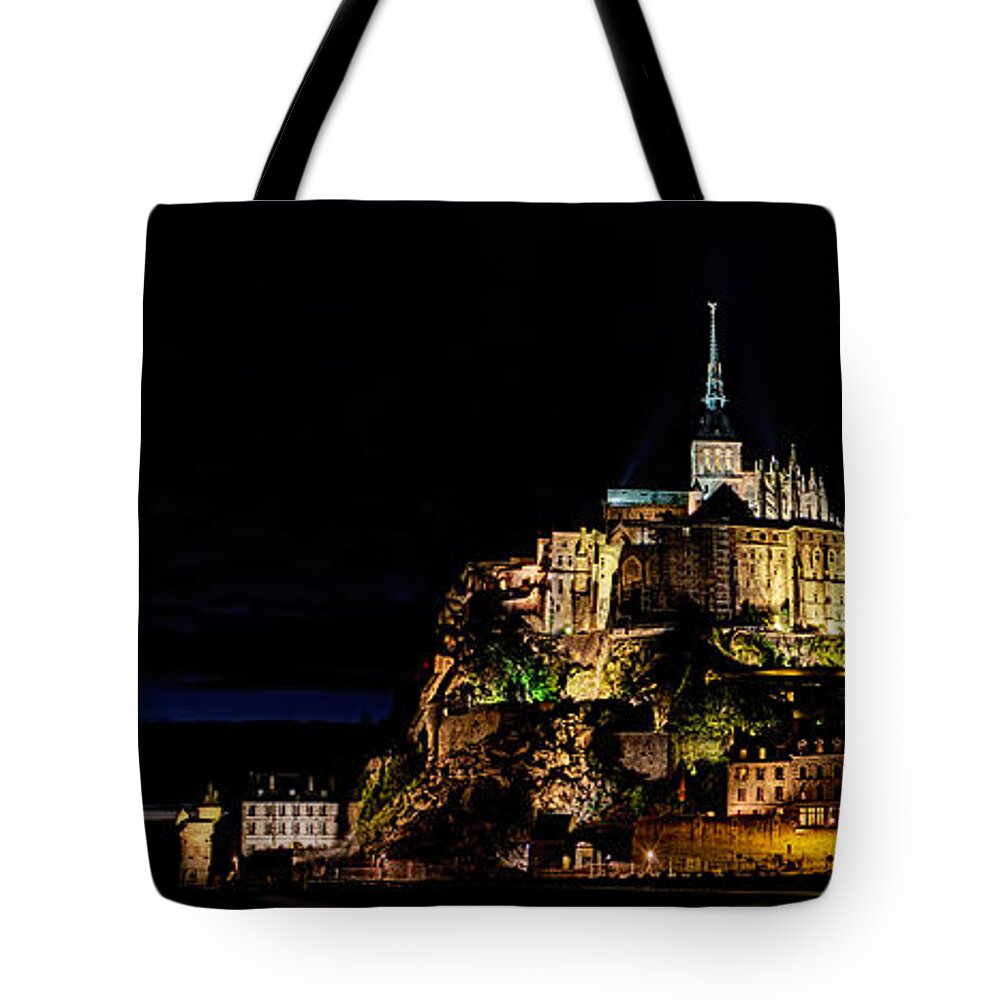 Mont Saint Michel Tote Bag featuring the photograph Mont Saint Michel at night panorama by Weston Westmoreland