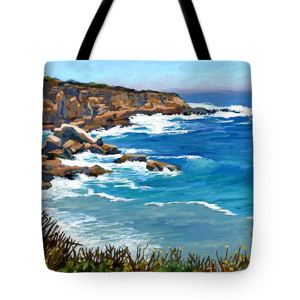 Ocean Cliff Tote Bag featuring the painting Montana del Oro Cliff by Alice Leggett