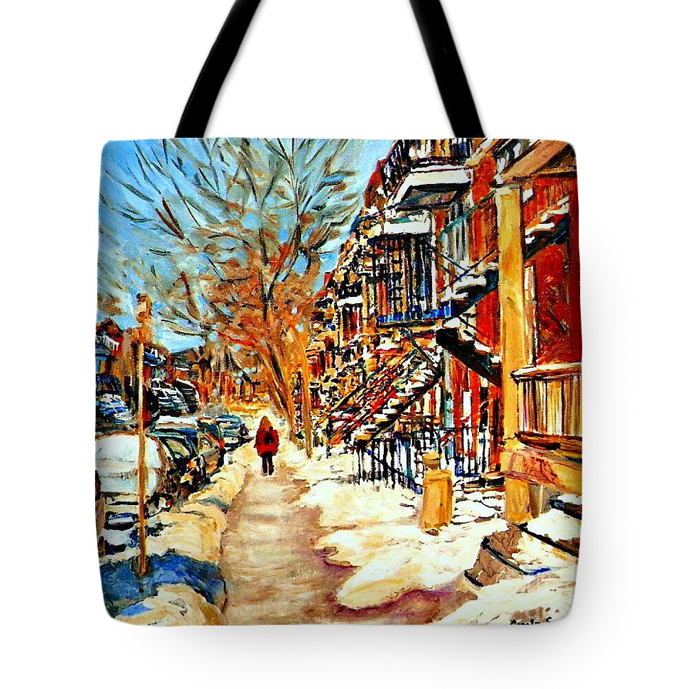 Montreal Tote Bag featuring the painting Montreal Art Winterwalk In Montreal Street Scene Painting by Carole Spandau