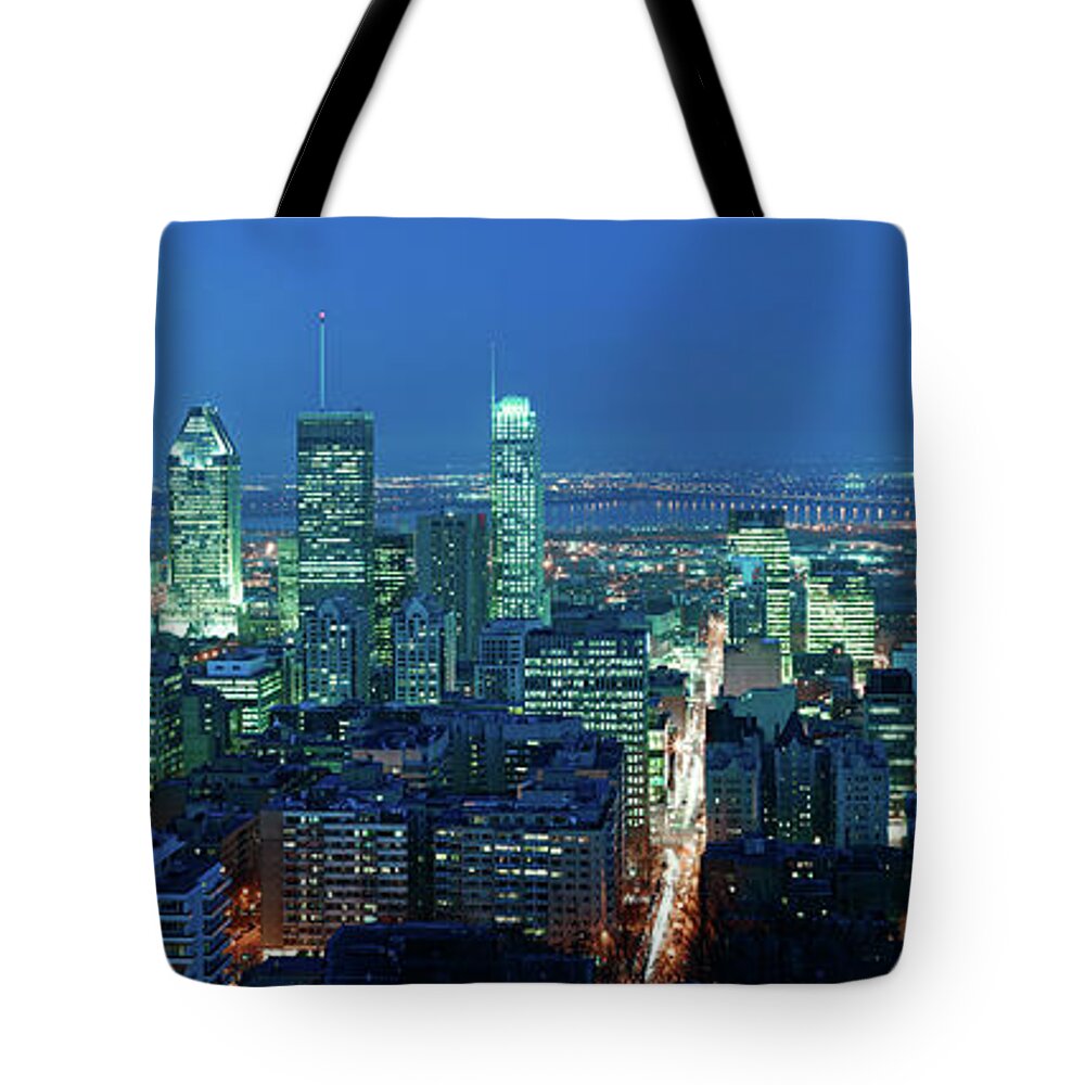 Scenics Tote Bag featuring the photograph Montreal Downtown At Night. Very Large by Costint