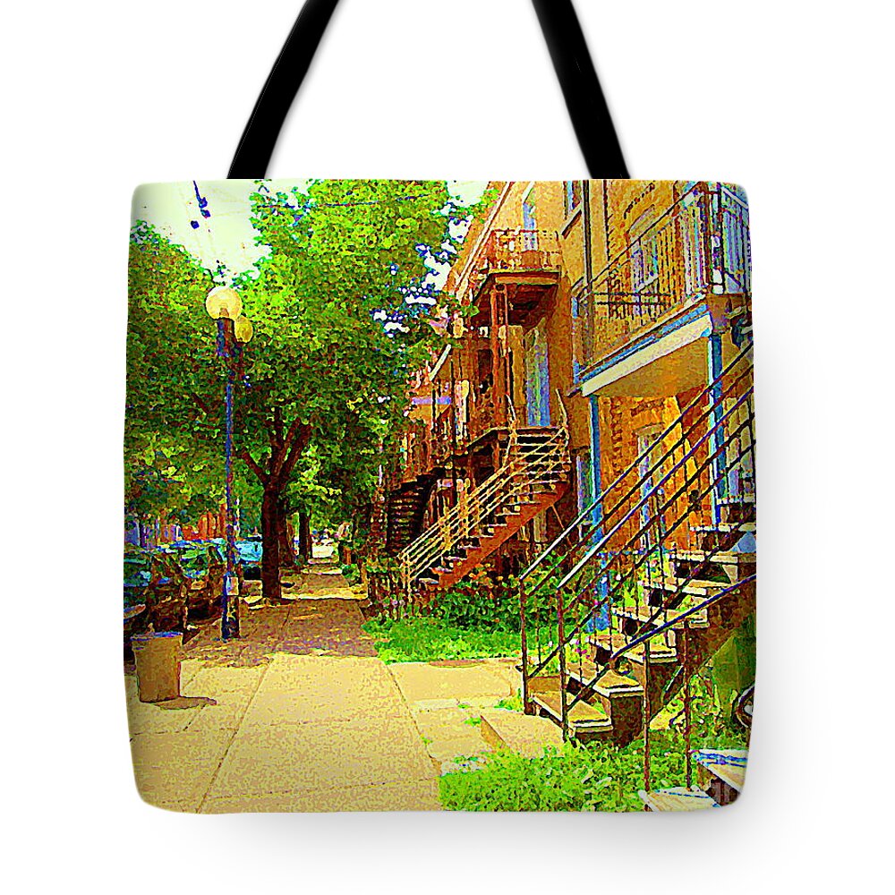 Montreal Tote Bag featuring the painting Montreal Stairs Winding Staircases And Sunny Tree Lined Sidewalks Verdun Scenes Carole Spandau by Carole Spandau