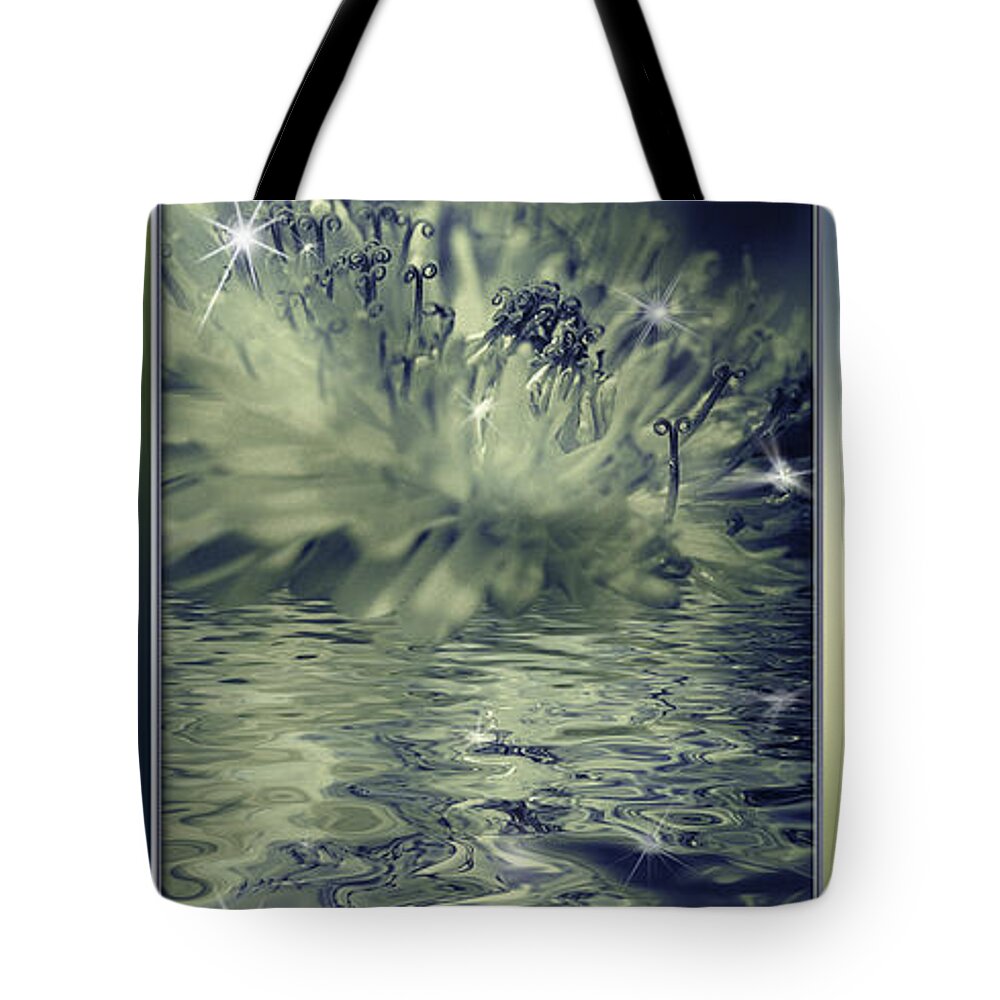 Blossom Tote Bag featuring the mixed media Moon and Dandelion reflection with sparkling stars by Peter V Quenter