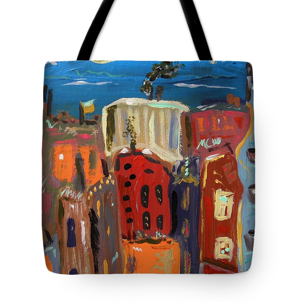 Moon Tote Bag featuring the painting Moon and Deep Blue Sky by Mary Carol Williams
