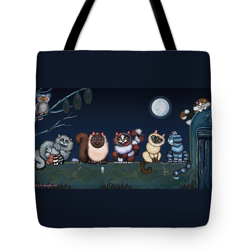 Cat Tote Bag featuring the painting Moonlight On The Wall by Victoria De Almeida