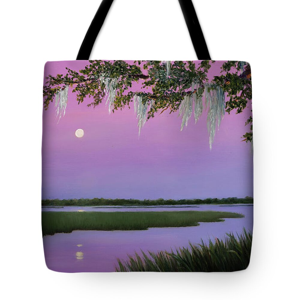 Coastal Early Moon Rising Tote Bag featuring the painting Moonlit by Audrey McLeod