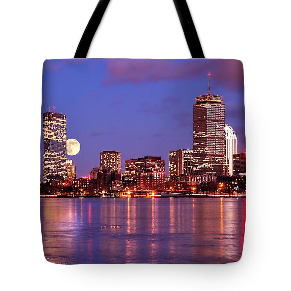 Boston Strong Tote Bag featuring the photograph Moonlit Boston on the Charles by Mitchell R Grosky