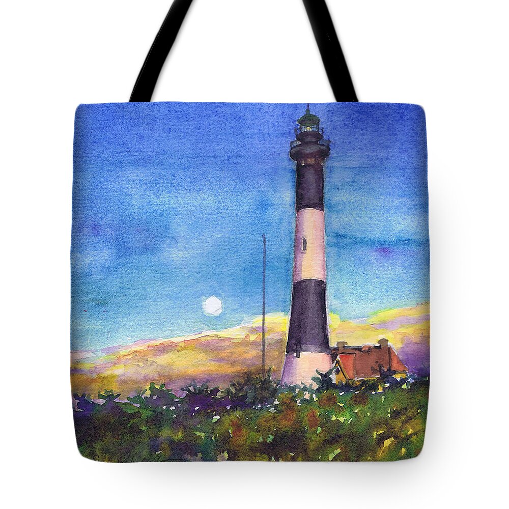 Moon Tote Bag featuring the painting Moonrise Fire Island Lighthouse by Susan Herbst