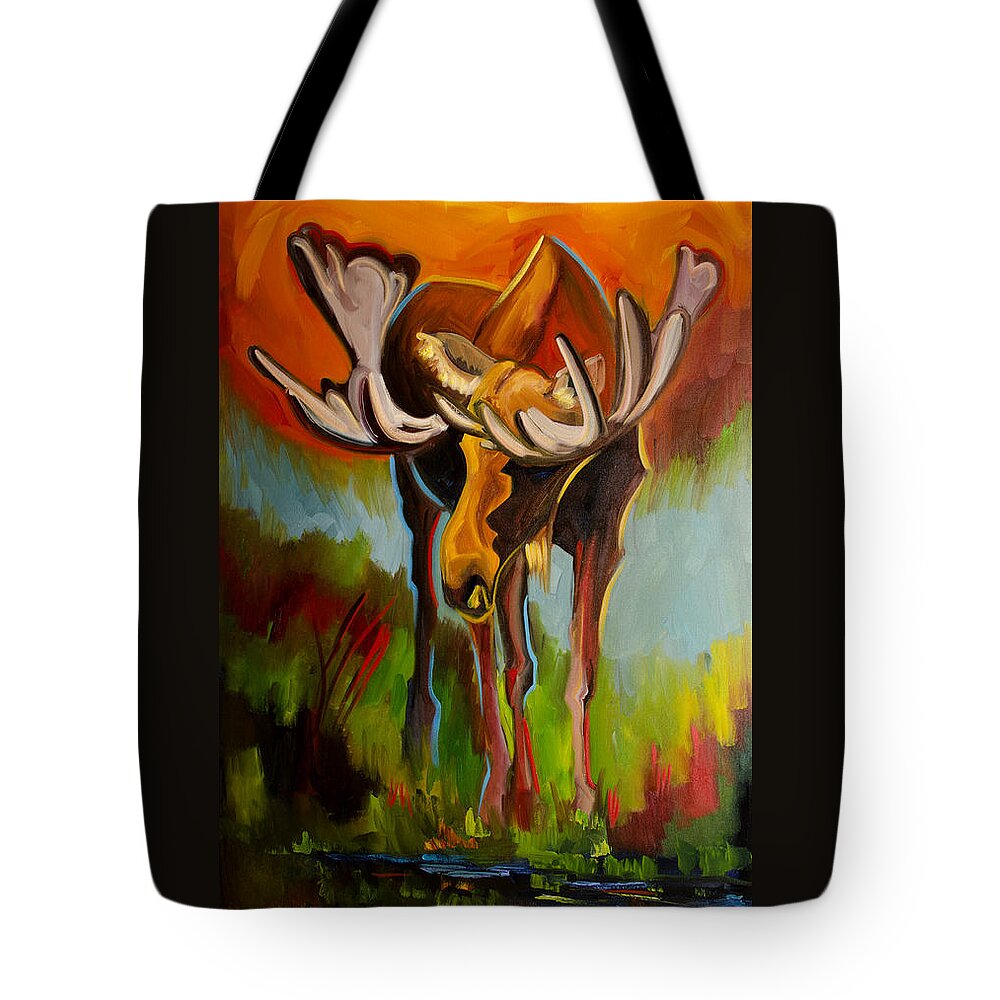 Moose Oil Painting By Diane Whitehead Fine Art Tote Bag featuring the painting Moose Pond by Diane Whitehead