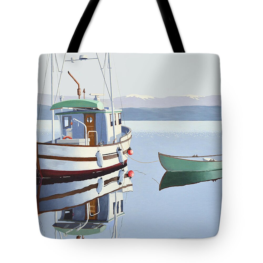 Fishing Boat Tote Bag featuring the painting Morning calm-fishing boat with skiff by Gary Giacomelli