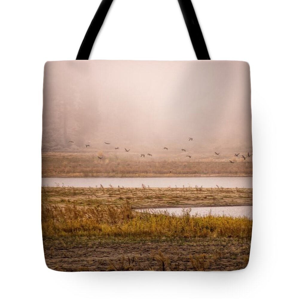 Birds Tote Bag featuring the photograph Morning Mist At The Lake by Peggy Hughes