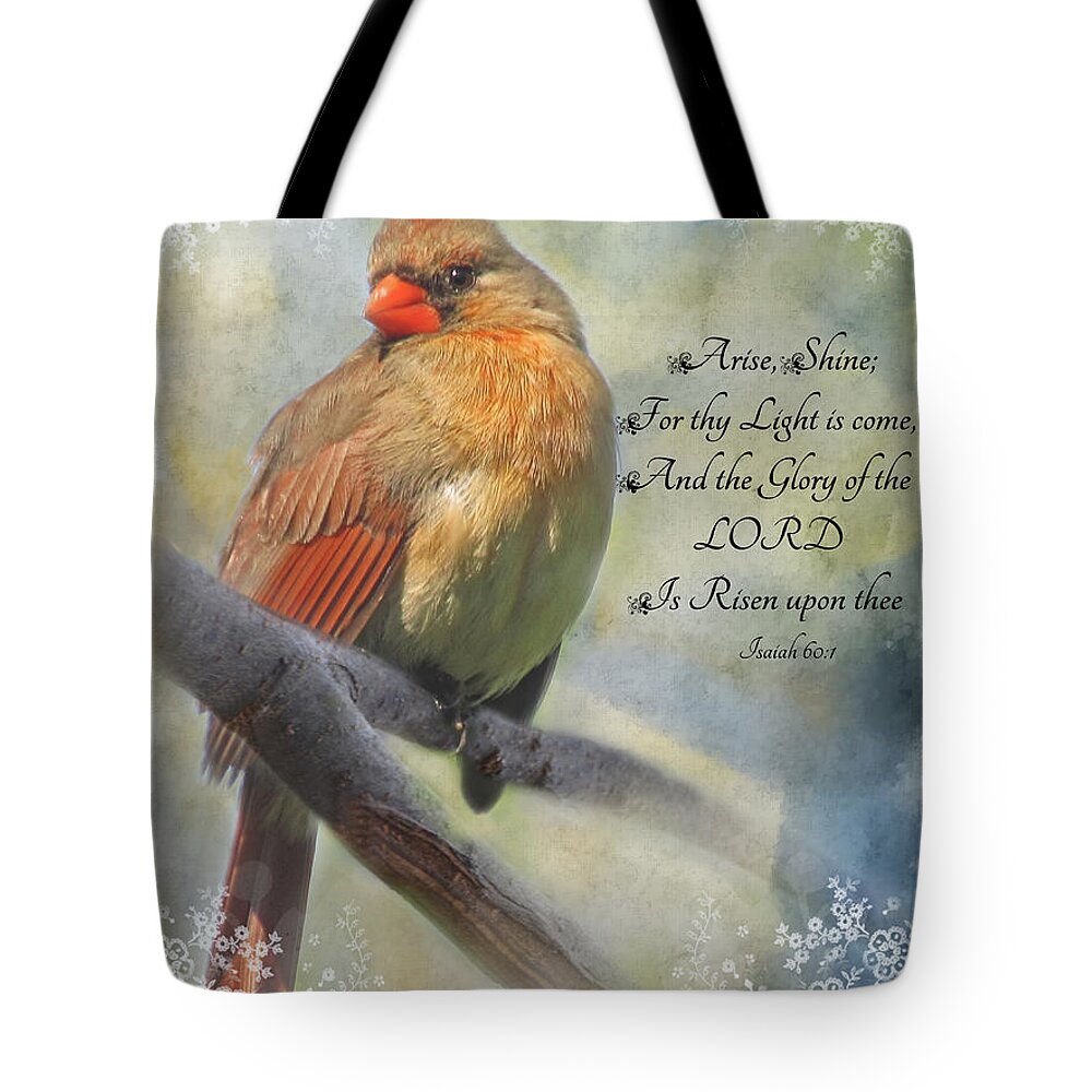Animals Tote Bag featuring the photograph Morning sun Cardinal with Verse by Debbie Portwood