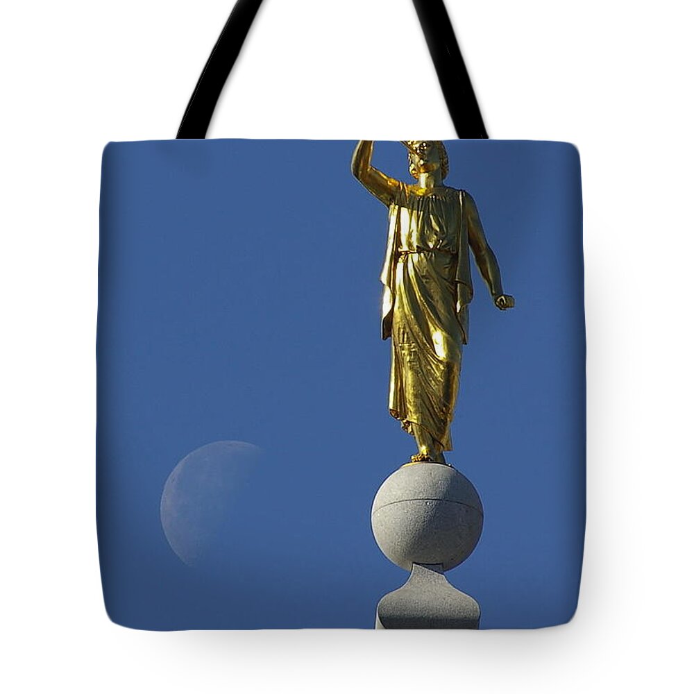 Angel Tote Bag featuring the photograph Moroni and the Moon by David Andersen