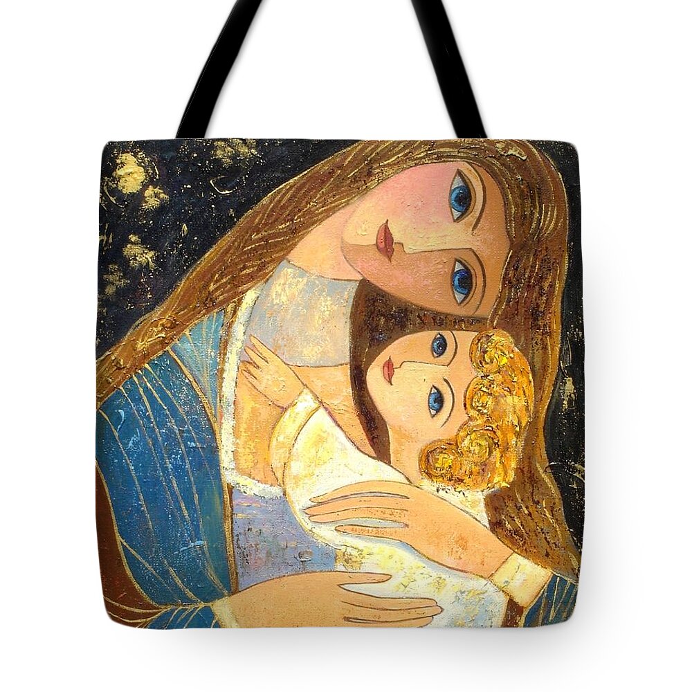 Mother And Golden Haired Child Tote Bag featuring the painting Mother and Golden Haired Child by Shijun Munns