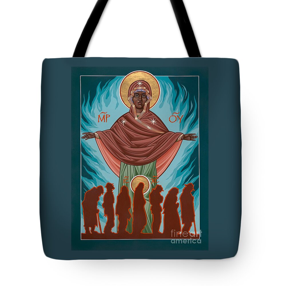 Andrew Harvey Tote Bag featuring the painting Mother of Sacred Activism with Eichenberg's Christ of the Breadline by William Hart McNichols