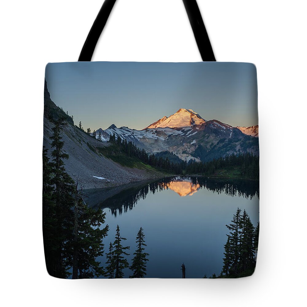 Mount Baker Tote Bag featuring the photograph Mount Baker Sunrise Reflection Serenity by Mike Reid