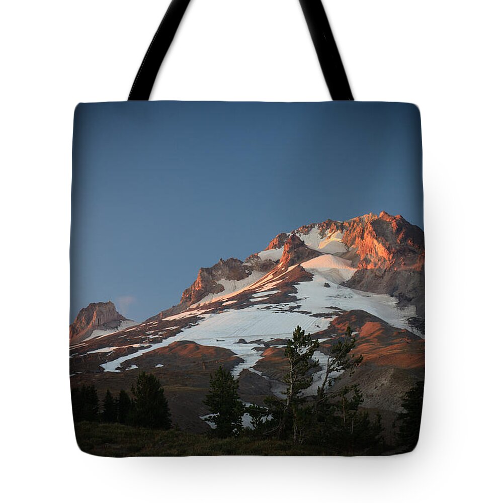 Mt. Hood Tote Bag featuring the photograph Mount Hood Summit in Warm Glow by Karen Lee Ensley