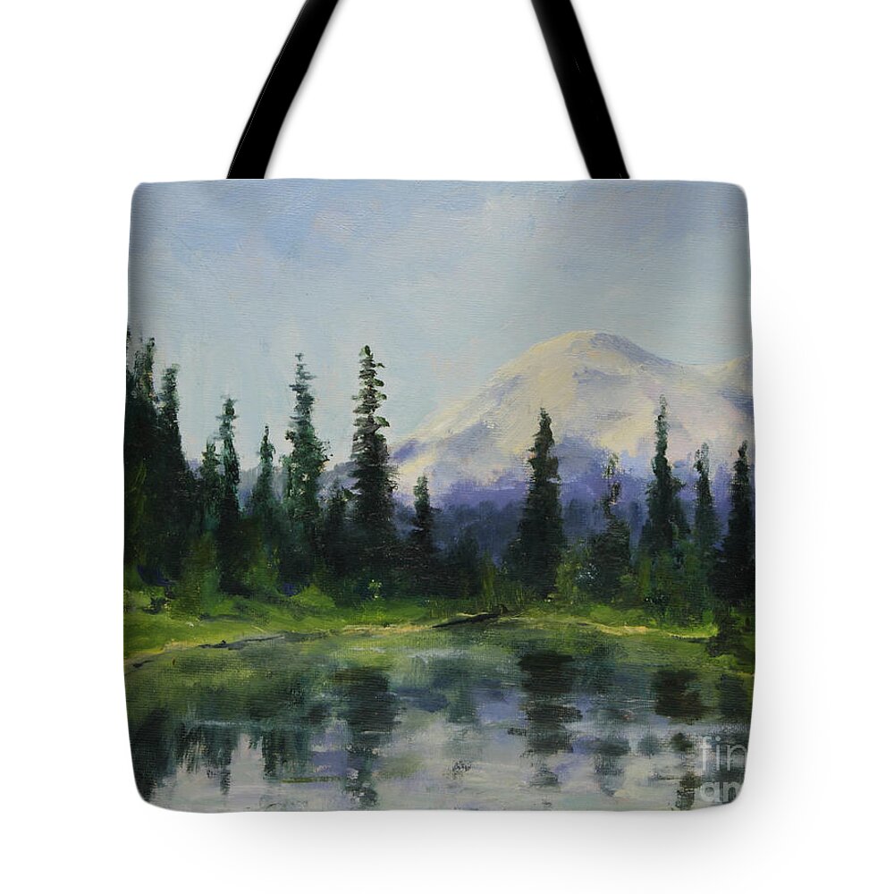 Mountains Tote Bag featuring the painting Picnic by the Lake by Maria Hunt