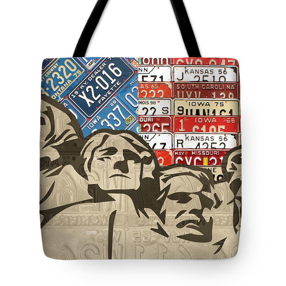 Mount Tote Bag featuring the mixed media Mount Rushmore Monument Vintage Recycled License Plate Art by Design Turnpike