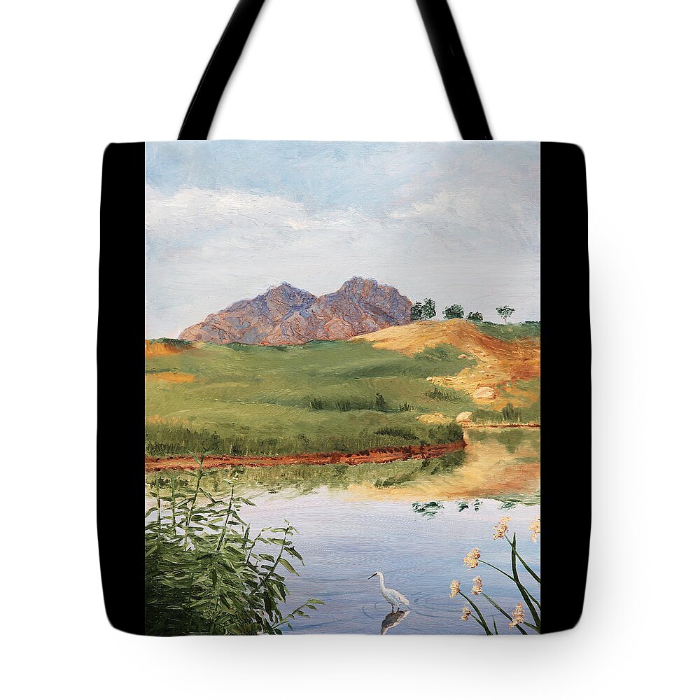 Animals Tote Bag featuring the painting Mountain Landscape with Egret by Masha Batkova