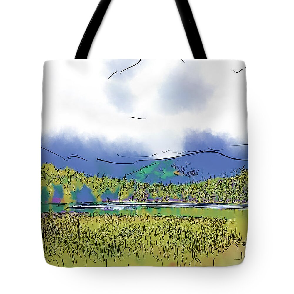 Mountain Tote Bag featuring the digital art Mountain Meadow Lake by Kirt Tisdale