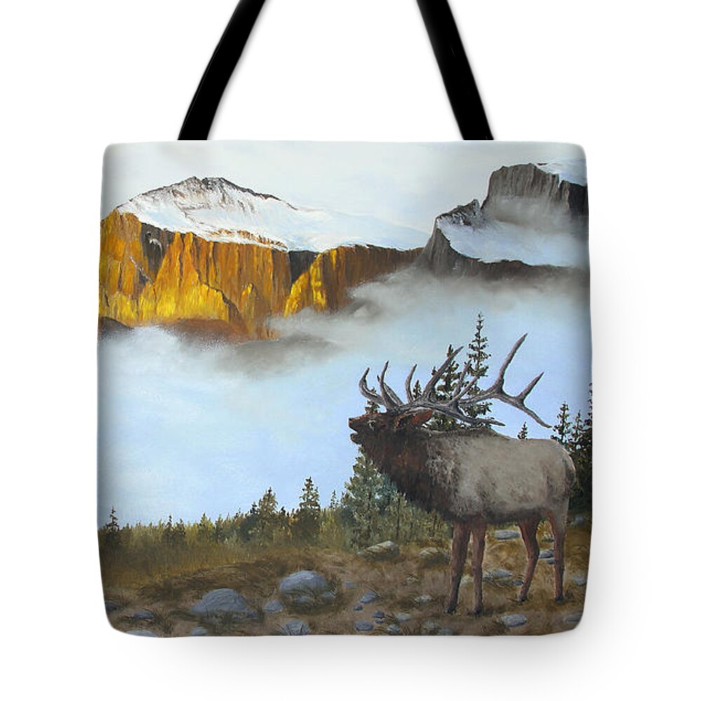 North American Wildlife Tote Bag featuring the painting Mountain Sunrise Echoes by Johanna Lerwick