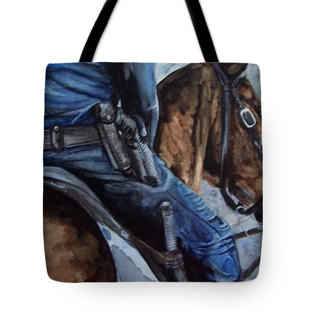 Police Tote Bag featuring the painting Mounted Patrol by Kathy Laughlin