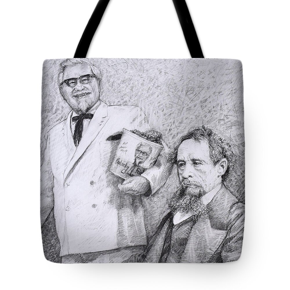 Charles Dickens Tote Bag featuring the drawing Mr Chicken and Mr Dickens by James W Johnson