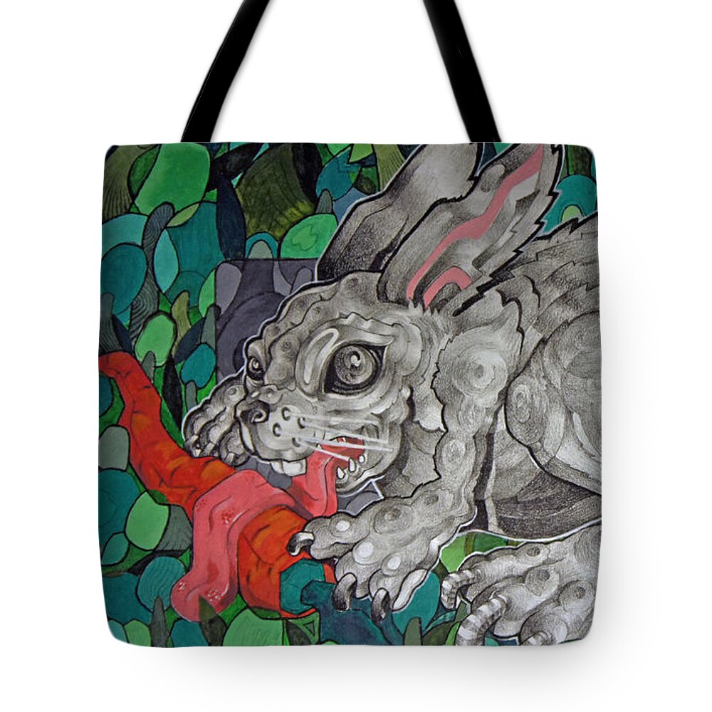 Mouseizm Tote Bag featuring the drawing Mr Greedy Bunny by Myron Belfast
