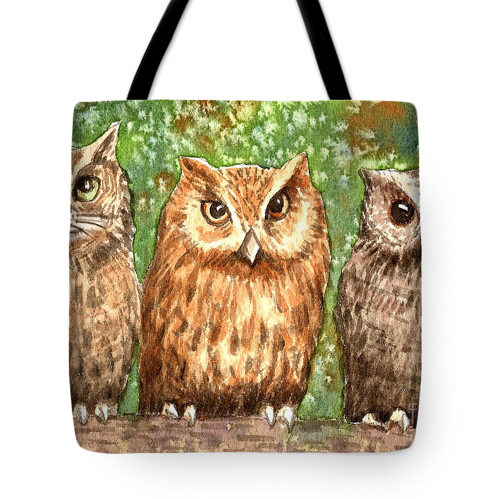 Owls Tote Bag featuring the painting Mr. Whiskers and the Owls by Audrey Peaty