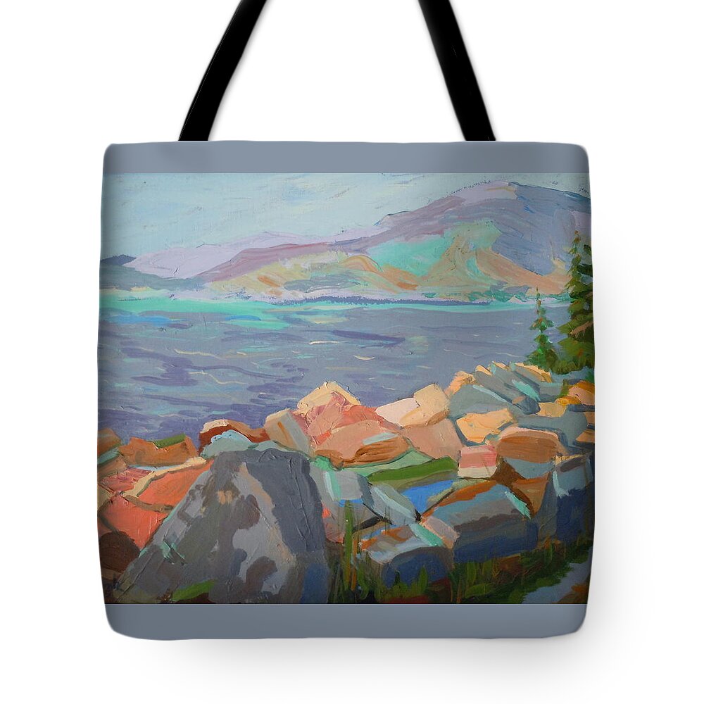 Landscape Tote Bag featuring the painting Mt. Desert from Schoodic Point by Francine Frank