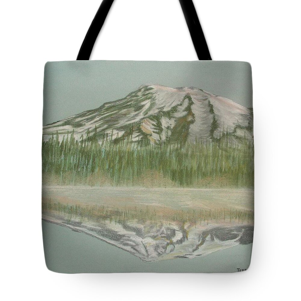 Reflection Lake Tote Bag featuring the pastel Mt Rainier by Terry Frederick