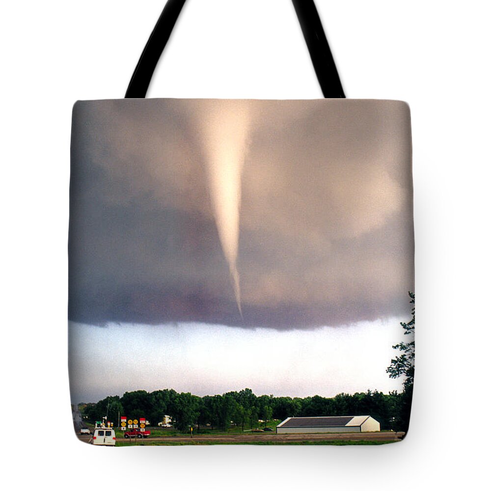 Tornado Tote Bag featuring the photograph Mulvane Tornado with Storm Chasers by Jason Politte