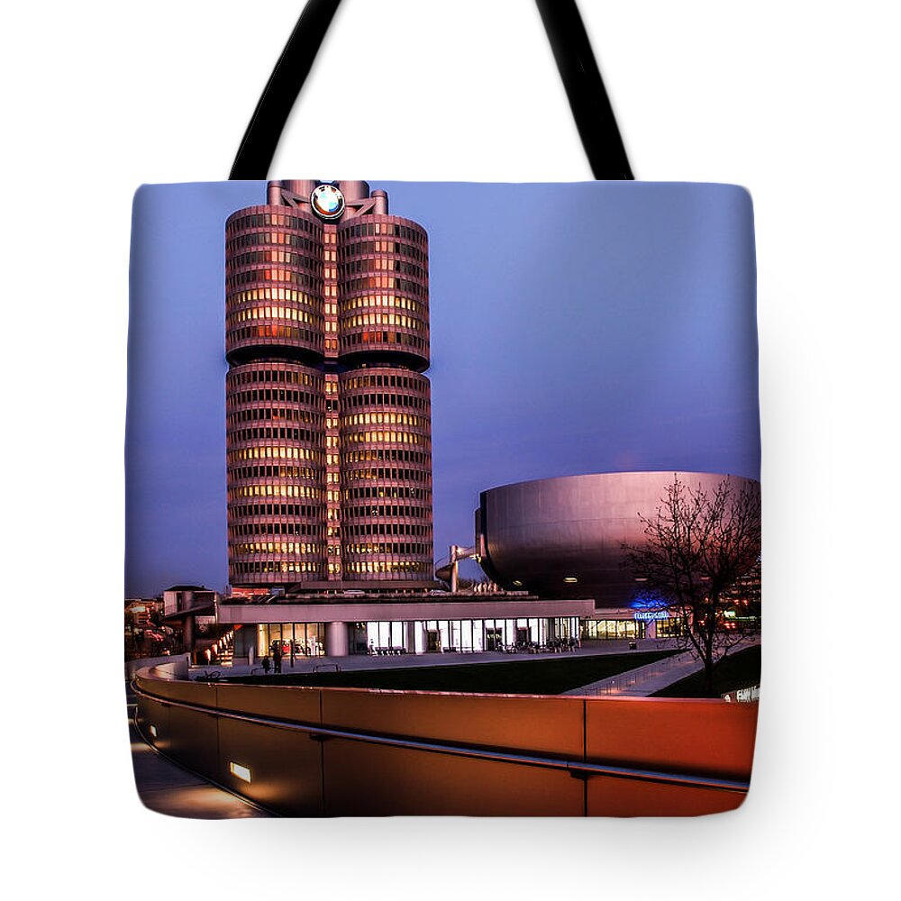 Architecture Tote Bag featuring the photograph munich - BMW office - vintage by Hannes Cmarits