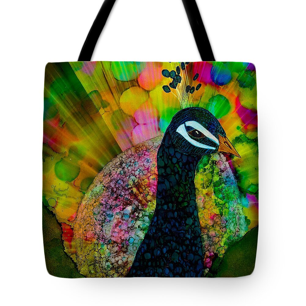 Peacock Tote Bag featuring the painting Murugan's Party by Eli Tynan