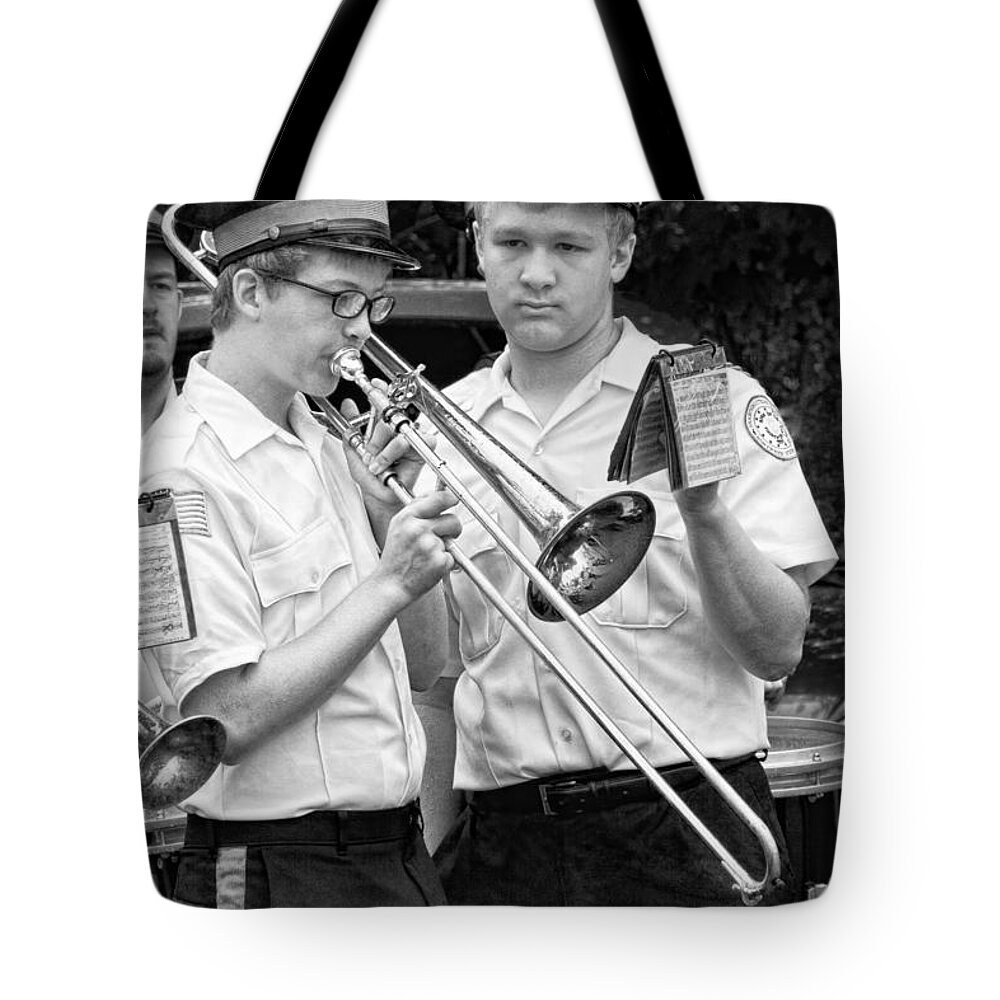 Music Tote Bag featuring the photograph Music - Trombone - A helping hand by Mike Savad