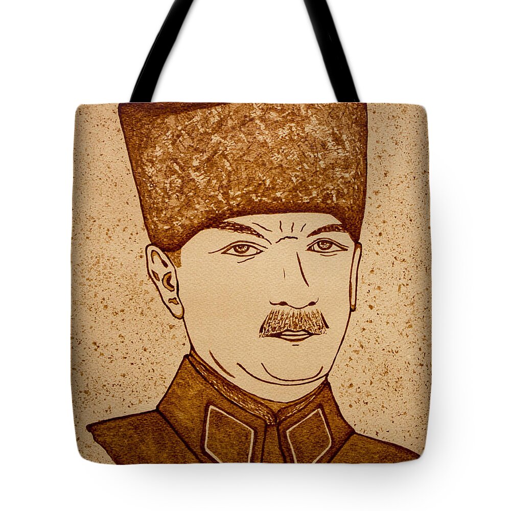 Mustafa Kemal Ataturk Tote Bag featuring the painting Mustafa Kemal Ataturk coffee painting by Georgeta Blanaru