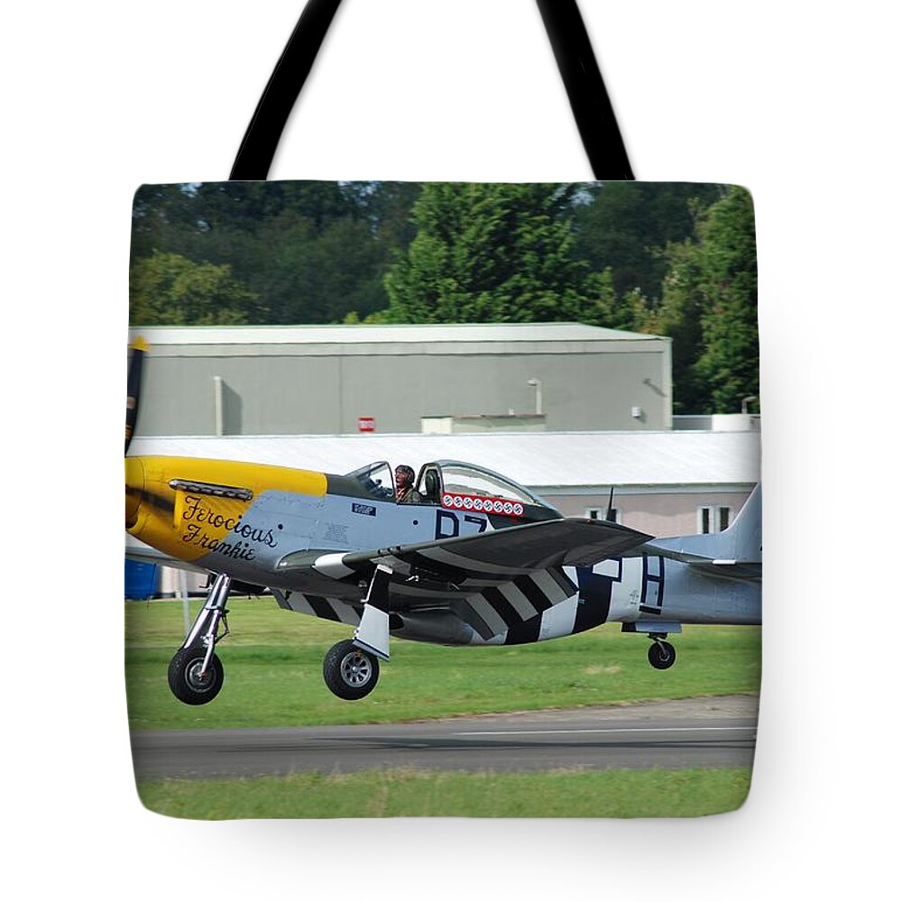 Mustang Tote Bag featuring the photograph Mustang fighter landing by David Fowler