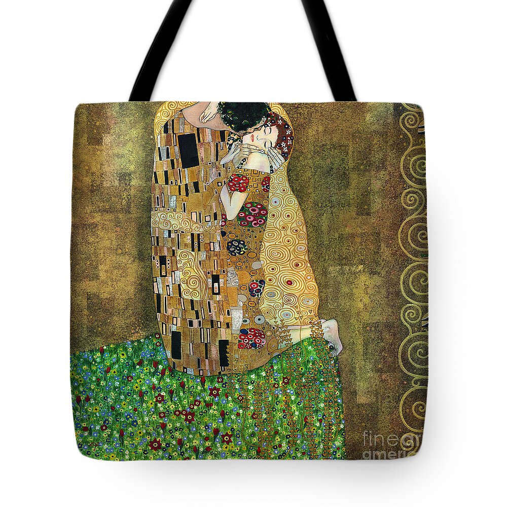 Acrylic Tote Bag featuring the painting My acrylic painting as an interpretation of the famous artwork of Gustav Klimt The Kiss - Yakubovich by Elena Daniel Yakubovich