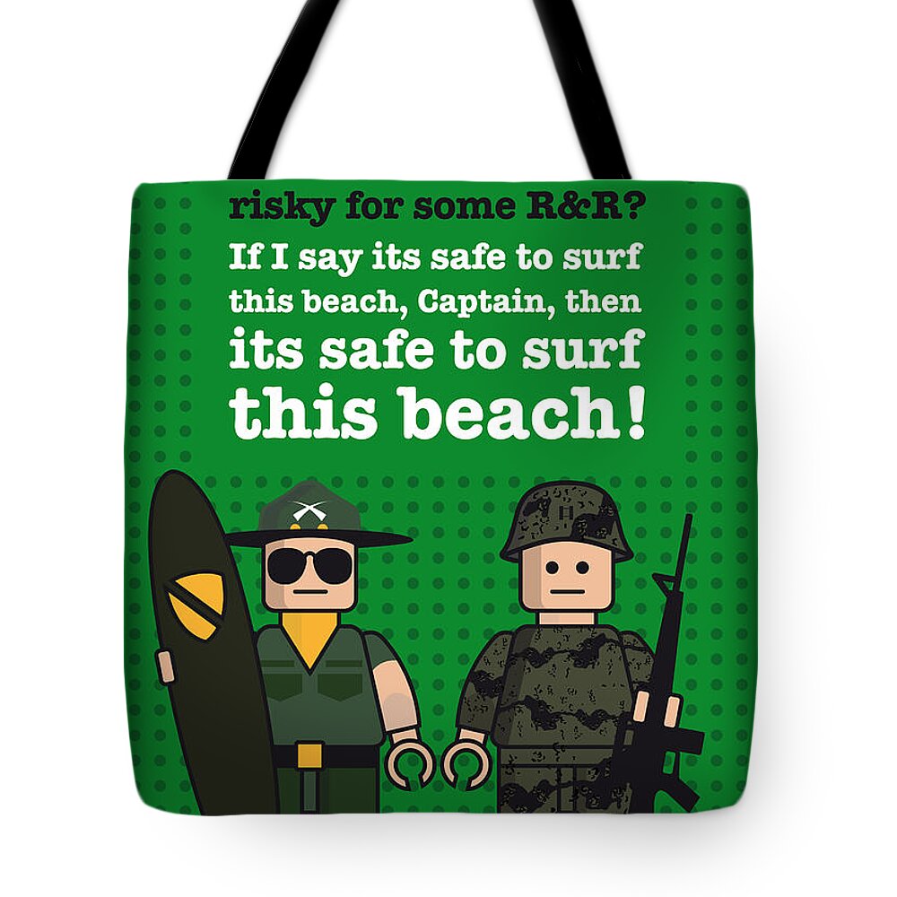 Minimal Tote Bag featuring the digital art My apocalypse now lego dialogue poster by Chungkong Art