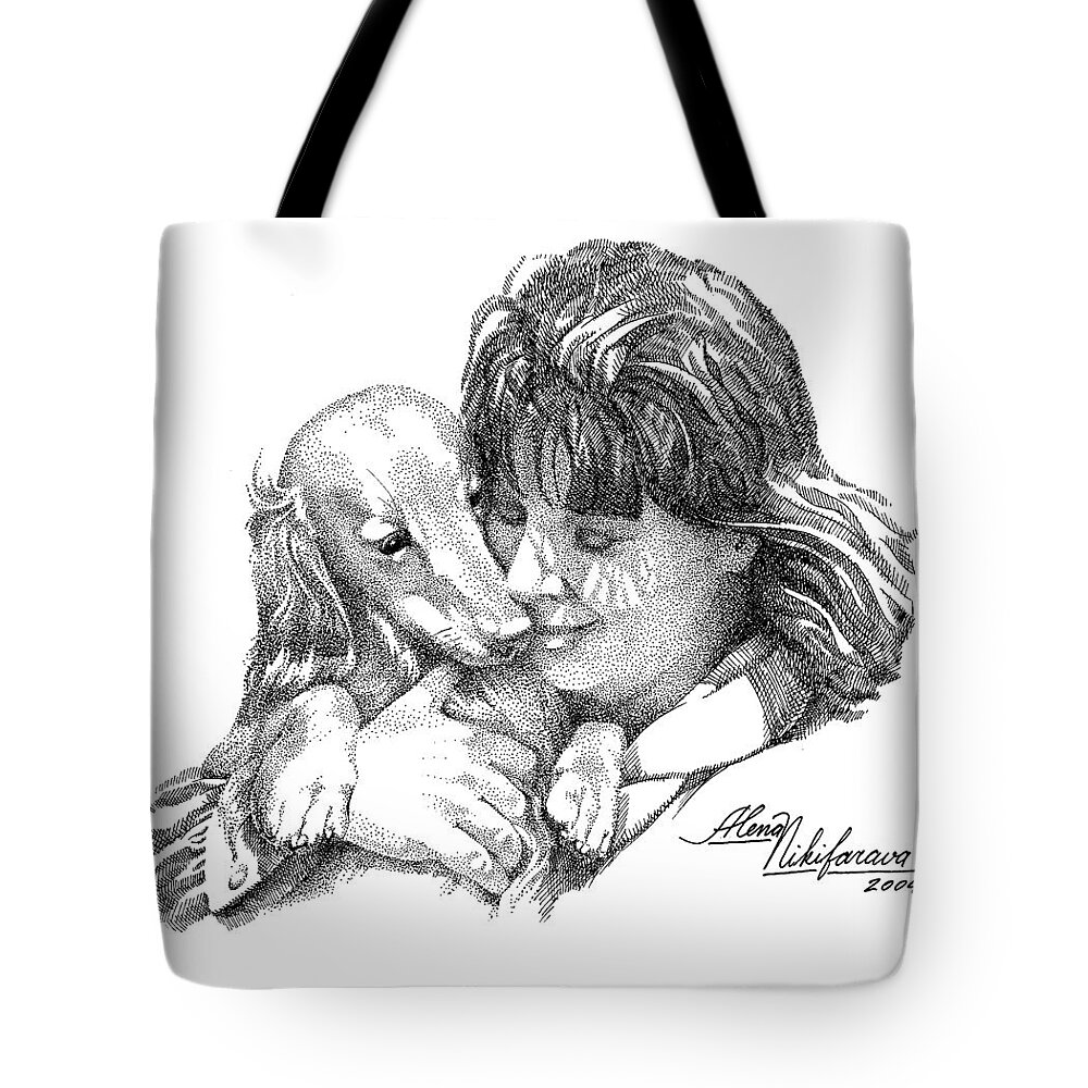  Tote Bag featuring the drawing My dog is the best - stippling by Alena Nikifarava