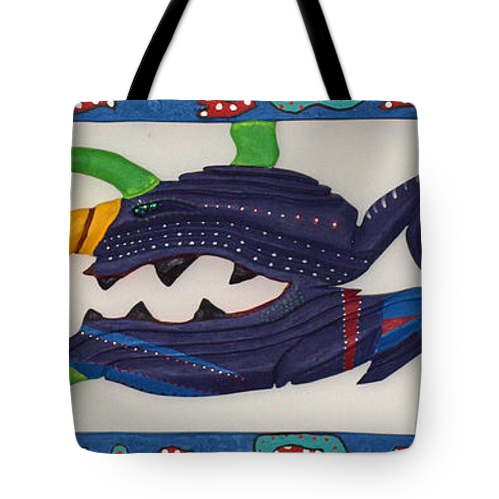 Extinct Fish Tote Bag featuring the sculpture My First Fish Dinner by Robert Margetts