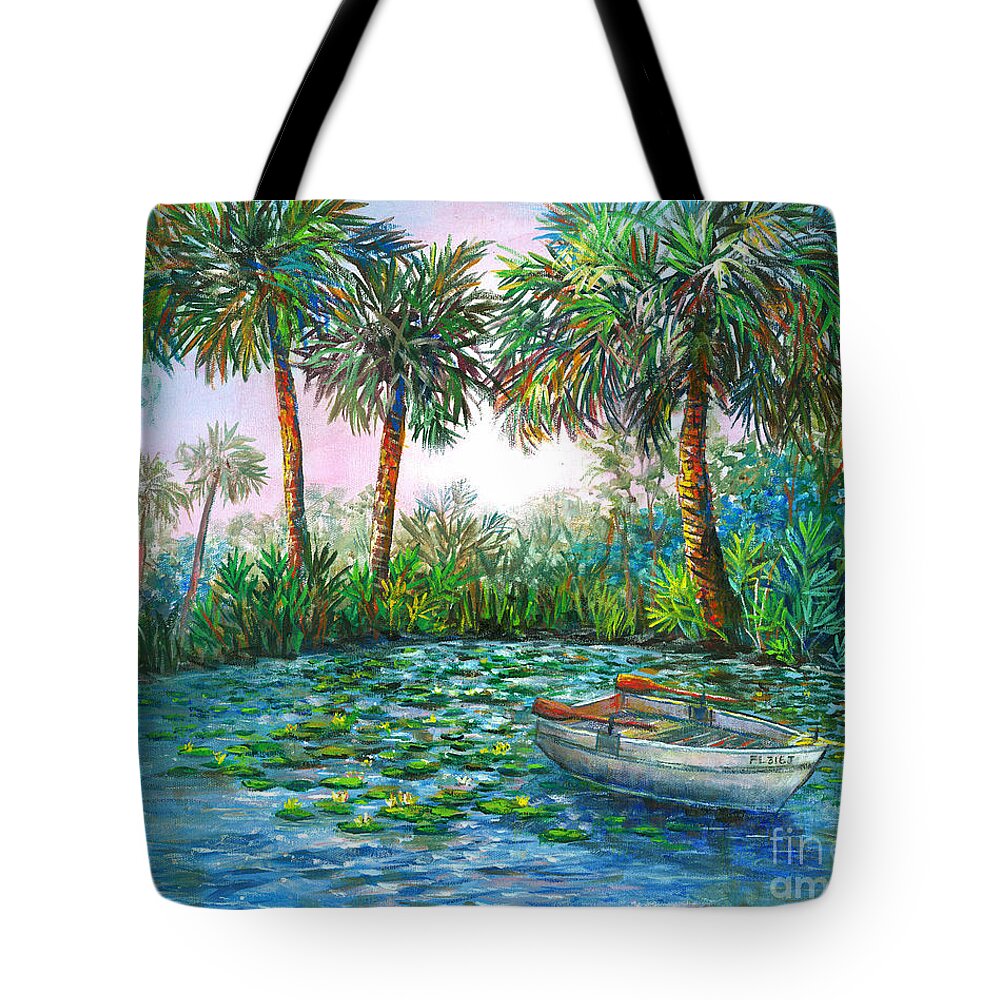 Florida Landscape Tote Bag featuring the painting My Little Boat by Lou Ann Bagnall