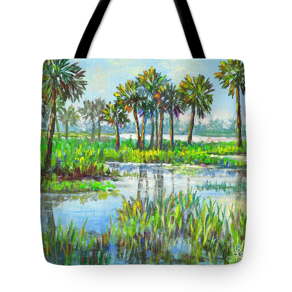 Florida Tote Bag featuring the painting Myakka Lake with Palms by Lou Ann Bagnall