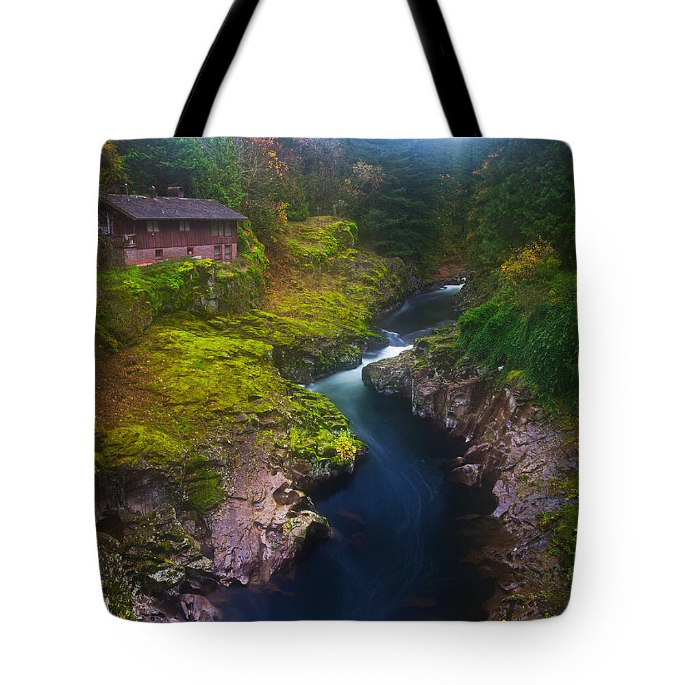 Fog Tote Bag featuring the photograph Mysteries of the Lewis House by Darren White