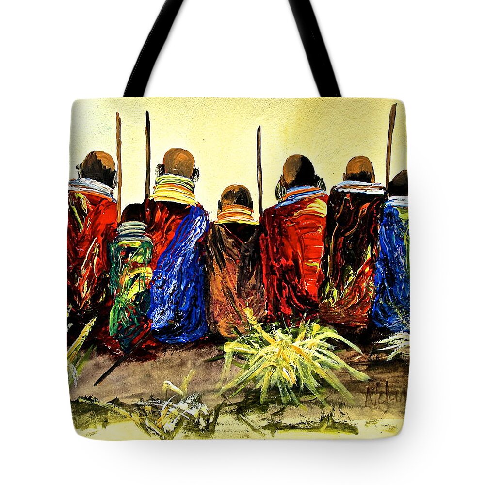 African Paintings Tote Bag featuring the painting N 26 by John Ndambo