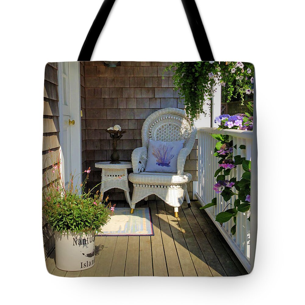 Chair Tote Bag featuring the photograph Nantucket Porch by Donna Doherty
