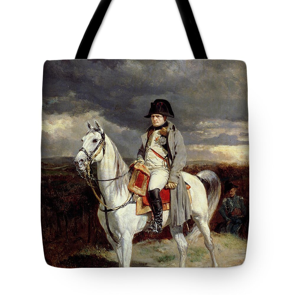 Napoleon Bonaparte (1769-1821); Equestrian Portrait; Uniform; Horse; Hat; Emperor; On Campaign; Male; Grey Coat; France Tote Bag featuring the painting Napoleon Bonaparte by Jean-Louis Ernest Meissonier