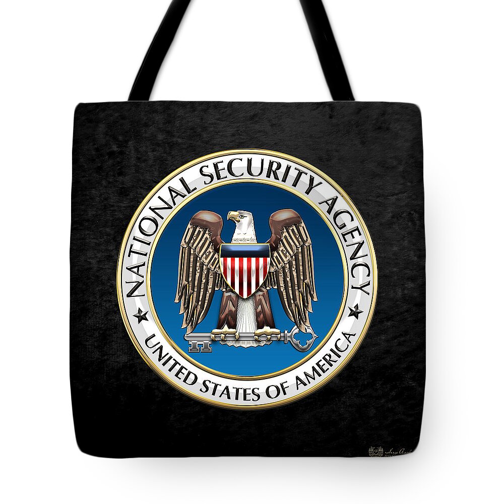'military Insignia & Heraldry 3d' Collection By Serge Averbukh Tote Bag featuring the digital art National Security Agency - N S A Emblem on Black Velvet by Serge Averbukh