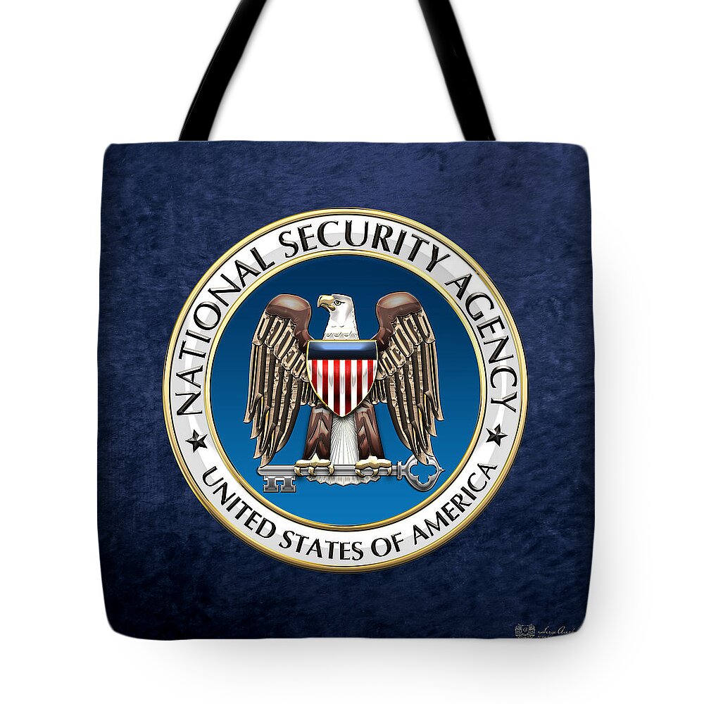 'military Insignia & Heraldry 3d' Collection By Serge Averbukh Tote Bag featuring the digital art National Security Agency - N S A Emblem on Blue Velvet by Serge Averbukh